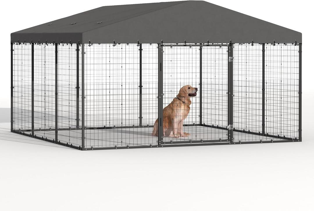 Kurapika Large Dog Kennel Outdoor Heavy Duty Dog Crate, Metal Frame Dog Fence with Secure Double-Lock Design, Easy Assembly, Weatherproof UV-Resistant Roof 118" L x 118" W x 70.9" H