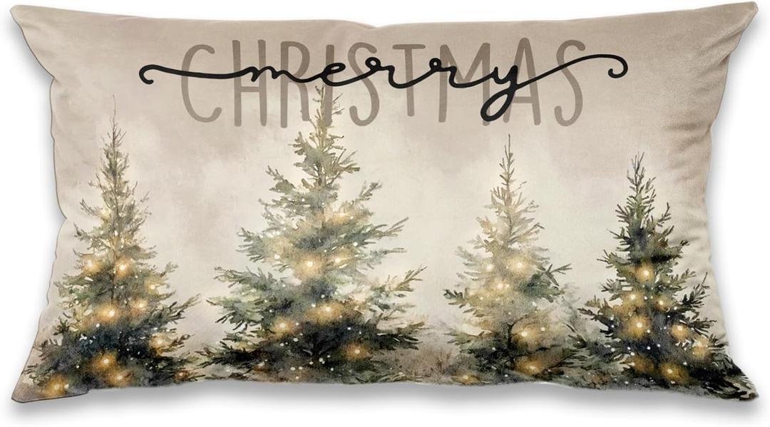 5 x Rustic Merry Christmas Tree Pillow Covers, Farmhouse Christmas Decor, Xmas Tree Forest Winter Holiday Lumbar Pillow Covers for Home Living Room Bedroom Sofa Couch,20x12 Inch,BB117 (27 Color)