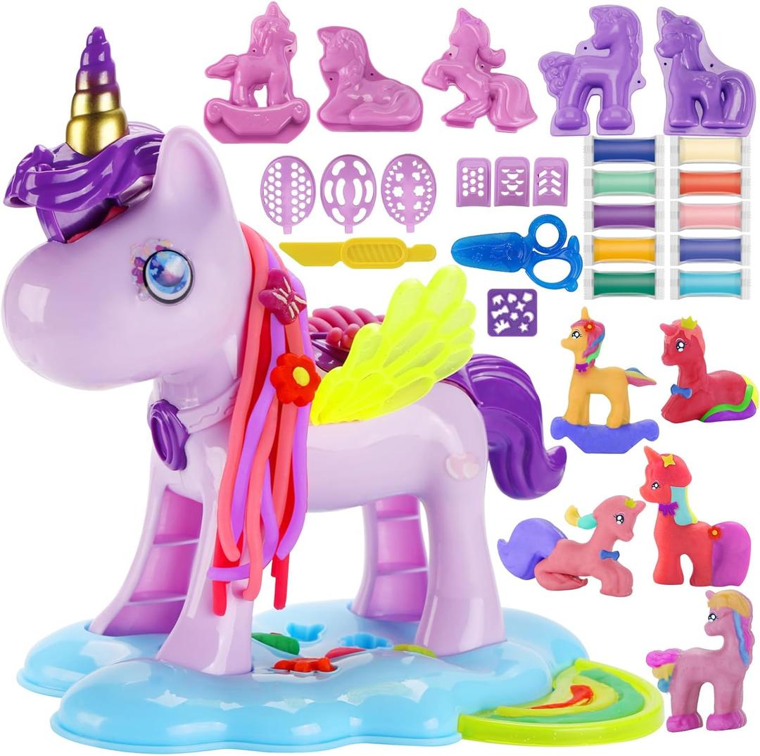 Unicorn Color Dough Sets for Kids Ages 4-5, 30 PCS Play Dough Tools Kit for Toddlers Ages 3+, Unicorn Hair Salon Creation Dough Toys for Girls Birthday Gifts