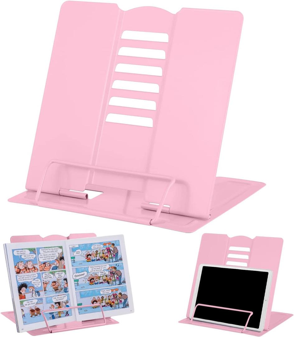 MSDADA Desk Book Stand Metal Reading Rest Book Holder Adjustable Cookbook Documents Holder Portable Sturdy Bookstands for Recipes Textbooks Tablet Music Books with Page Clips (Light Pink)