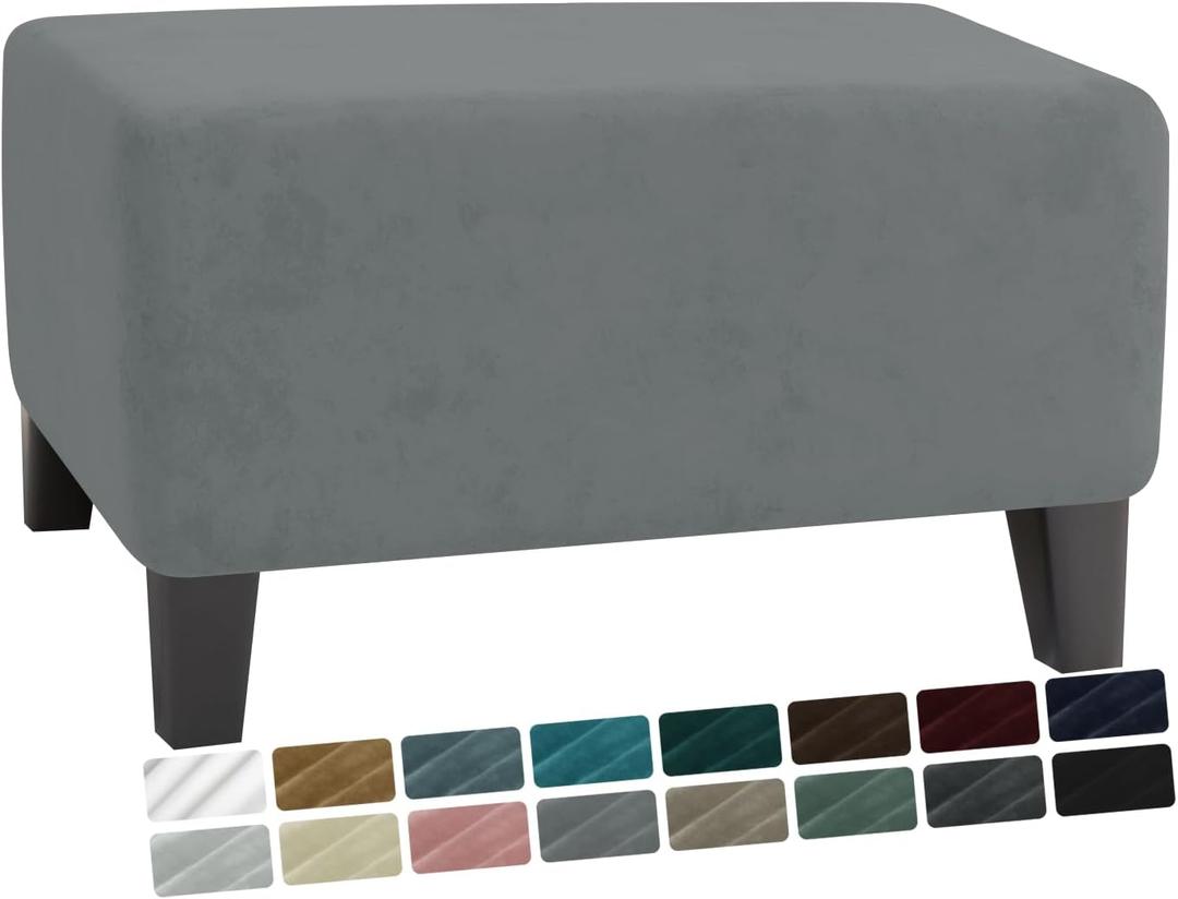 MAXIJIN Velvet Ottoman Cover Rectangular Stretch Square Ottoman Covers Slipcover Rectangle Washable Foot Stool Cover Thick Storage Protector with Elastic Bottom (Ottoman Medium, Light Grey)