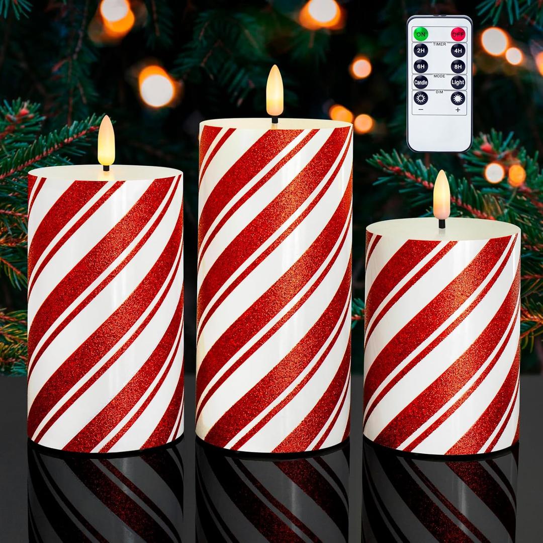 HN HAIINAA Red Stripe Glitter LED Pillar Candles, Battery Operated Real Wax Flameless Candles for Christmas Holiday Home Party Decor, Set of 3 (D3 x H4 5" 6")