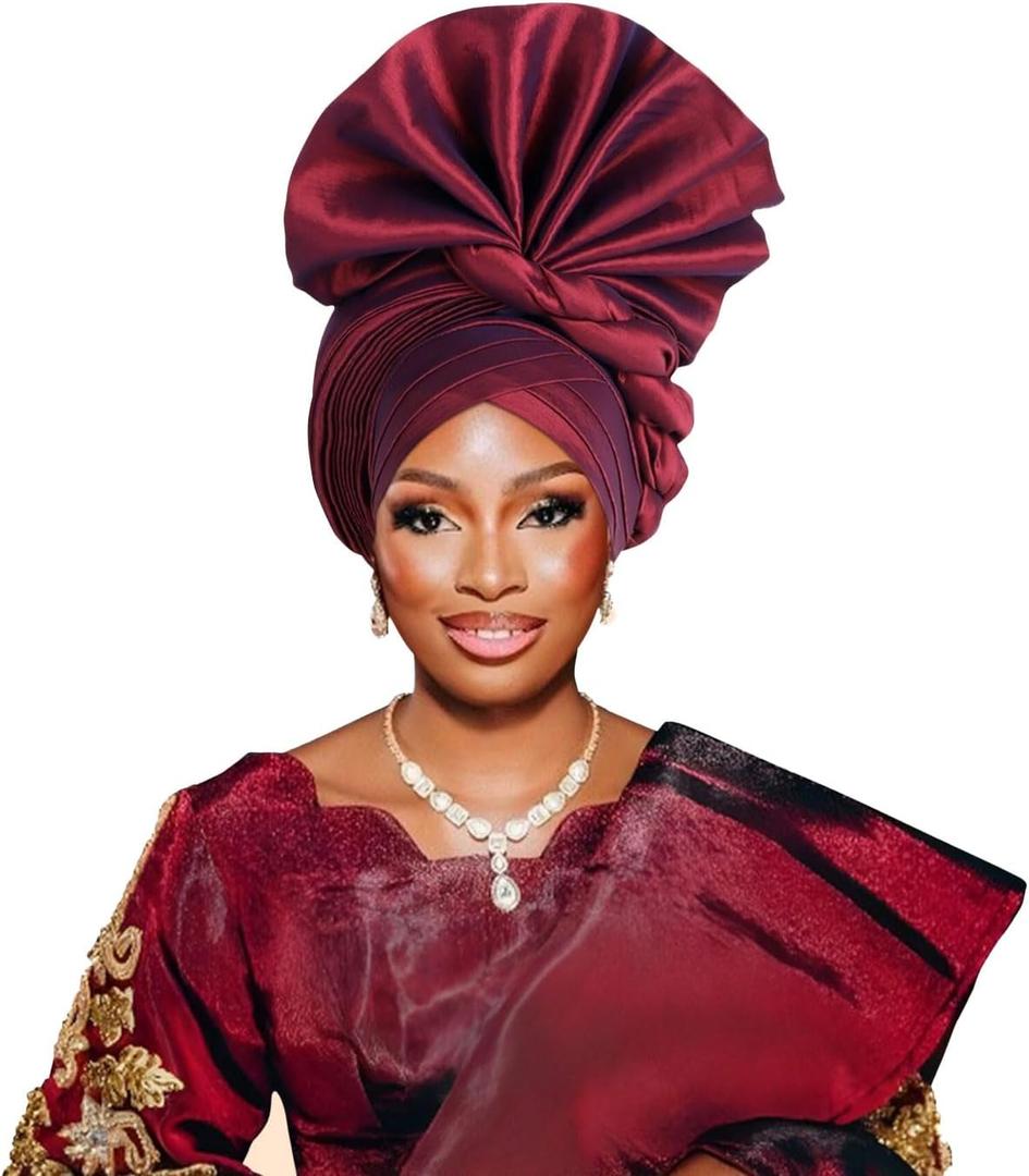 2024 African Female Turban Cap Women's Auto gele Headtie Nigeria Raw Silk Fan Gele Wedding Party Head Wraps Headwear Turbante