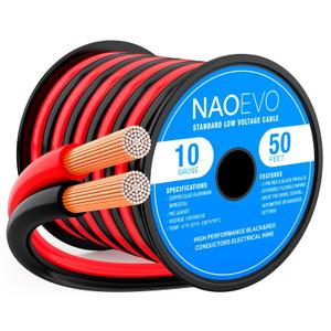 NAOEVO 10 Gauge Wire 50FT, 2 Conductors Electrical Wire Red Black Cable, Flexible/Low Voltage/PVC 10 AWG Copper Clad Aluminum Extension Cord for Speaker, LED Strips, Automotive 12V/24V DC