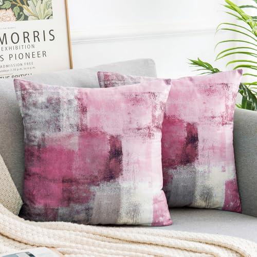 Miuyunya Pack of 2 Modern Pink Decorative Throw Pillow Covers 18x18 Inch Art Square Cushion Covers Abstract Oil Painting Pillowcases with Zippers Farmhouse Decor for Sofa Bedroom Living Room