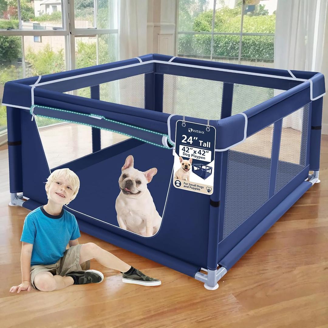 42x42 Inches Puppy Playpen with Gate, Dog Playpen for Puppies or Small Dogs, DogFence Pet Playpen for Indoor & Outdoor, Sturdy Safety DogPen with Thickened Fabric, High-Strength Nylon Wire Mesh