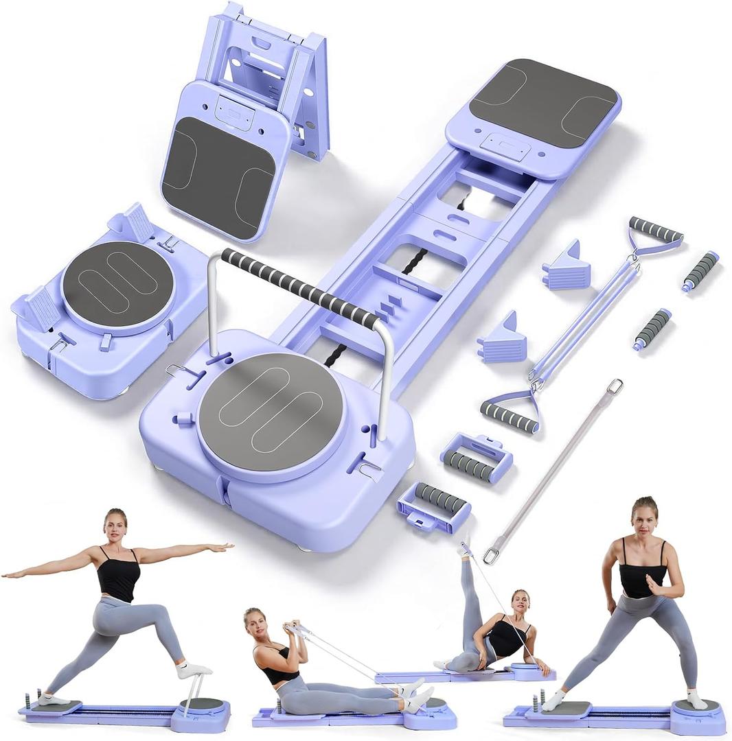 Pilates Reformer Board for Home Workout, 7-in-1 Pilates Equipment, Foldable Portable Reformer Machine High-Strength Steel Rails, Adjustable 20 lbs & 60 lbs Resistance Bands, Core & Full-Body Training