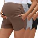 3 Pack Women's Maternity Biker Shorts Pregnancy Shorts Pocket Cotton High Waisted Over Belly Running Athletic Bottom (Medium, Brown, Light Gray, Black)