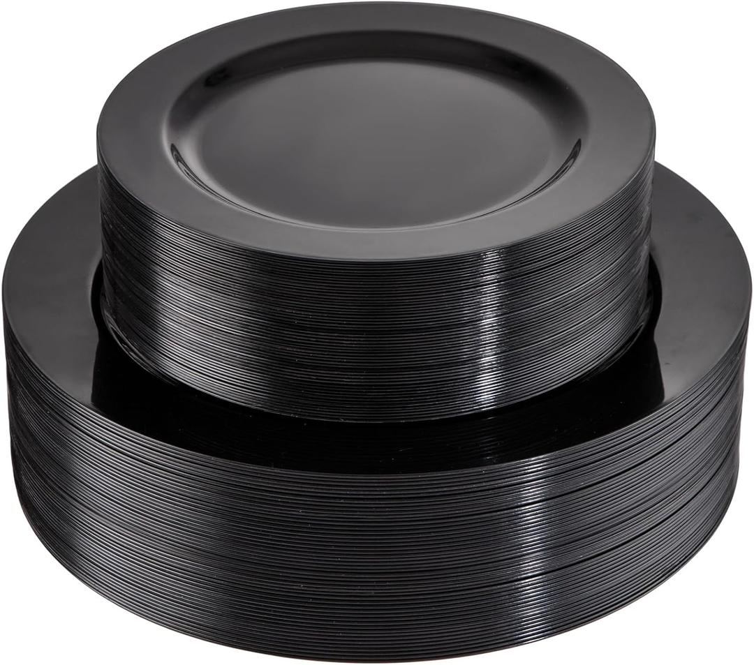FLOWERCAT 100PCS Black Plastic Plates - Heavy Duty Black Disposable Plates for Halloween Party/Birthday/Wedding/Father's Day- serve 50guests 10 inch and 7 inch Set
