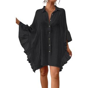Bsubseach Women Swimsuit Cover Up Blouse 2025 Button Down Bathing Suit Cover Ups for Swimwear Bikini Beach Shirt Dress Tops (One Size, Black)
