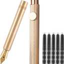 Brass Fountain Pen (85mm) Short Paragraph Pocket Mini Travel Pen Iridium Fine Nib Fountain Pen with 20 Pcs Black Ink Cartridges, Vertical Line