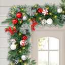 TechKen 9FT Prelit Christmas Garland with Timer Light, Luxury Battery Operated Lighted Garland with Red and Silver Ornaments Pine Cones Red Berries, 50 LED Lights 8 Modes, Christmas Decorations