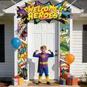 Hero Party Decorations Door Banner Welcome Heroes Porch Sign Archway, Comic Book Pop Art Theme Photography Backdrop Super City Door Banner for Kids Birthday, Classroom, Bedroom Decor, Baby Shower