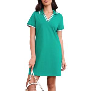 Women's Polo Dress Short Sleeve Lapel V Neck Collar Tennis Golf Mini Dress Casual Summer Workout Wear with Pockets (Medium, Green Teal)