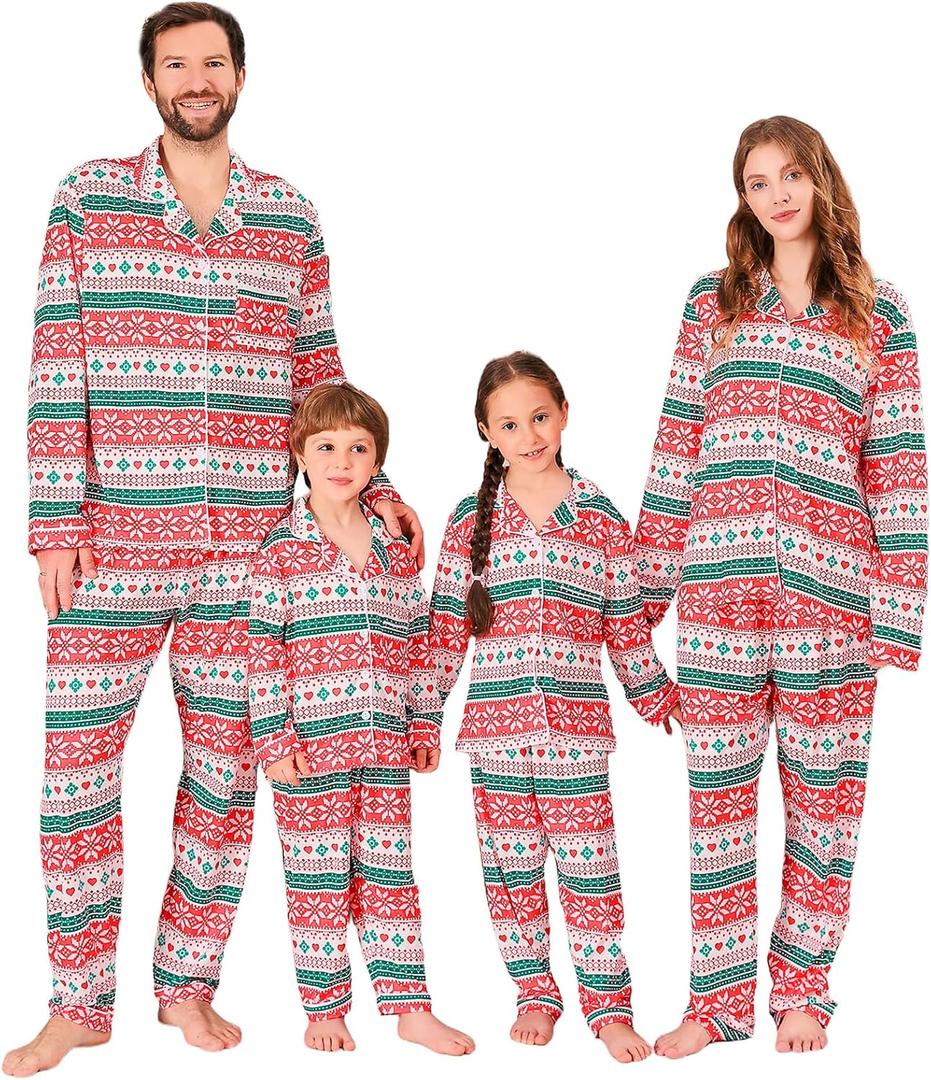 ANGELGGH Family Christmas PJs Matching Sets Long Sleeve Festival Party Pajamas Holiday Warm Sleepwear Couples Button Loungewear (Heart Snowflake, 4-5)