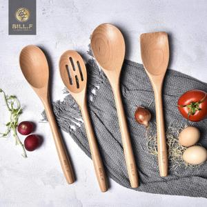 Wooden Spoons for Cooking Wooden Kitchen Utensil Set of 4 Beech Wood BILL.F Wooden Cooking Utensils Spatula Set Including Spoon, Turner,and Slotted Spoon with Long Handle