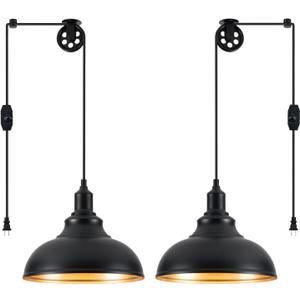 Black Pendant Light Hanging Lamps for Living Room Plug in 15FT Dimmable Switch Adjustable Pulley Hanging Lights with Cord for Kitchen Bedroom 2 Pack