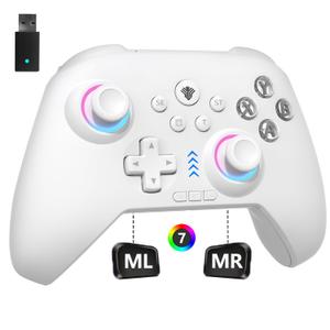 2.4G Wireless PC Controller with RGB Lighting/Programming Keys/Hall Joysticks/Hall Triggers/Vibrations,Three-Mode Switch Controller,Plug and Play Work for Windows PC, Android, Switch, Steam,TV (White)
