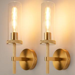 15" Knurled Gold Hardwired Wall Sconces Set of 2, Bathroom Vanity Light Fixtures with Clear Glass Tube, Modern Lamp Lighting for Bedroom, Living Room, Hallway, Staircase, Mirror, Kitchen