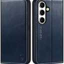 SHIELDON Case for Galaxy S25 5G 6.2", Genuine Leather Wallet Flip Book RFID Blocking Card Holder Kickstand Shock Absorbing Protection Case Compatible with Galaxy S25 2025 - Retro Dark Blue