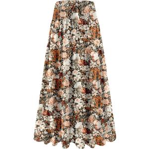 Womens Ruffle Maxi Skirts:High-Waist Elastic Pleated Long Skirt-Summer Casual Boho Flowy Skirts with Drawstring (Flowers-coffee Floral)