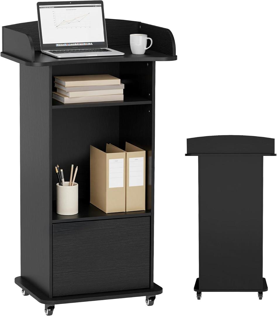 Podium Stand with Metal Wheels Wooden Lectern Podium Stand Portable Pulpit Standing with Storage Mobile Reception Podiums Desk for Church Office School Conference Restaurant Meeting, Black