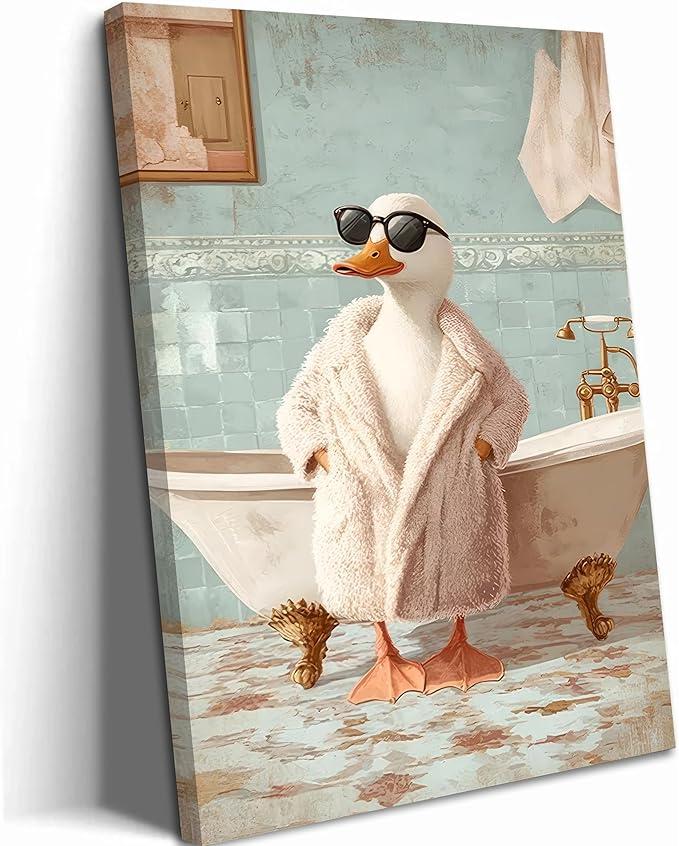 Funny Duck Bathroom Canvas Wall Art Cute Animal Goose in Robe with Sunglasses Bathtub Painting Picture Wall Decor Quirky Whimsical Geese Print Artwork for Kids Restroom Toilet Home Decoration, Framed