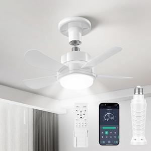 16 Inch Socket Fan Lights with E26/E27 Base: Socket Ceiling Fan with Remote & App Contro Screw into Small Ceiling Fan Light with 6 Speeds 3 Color Dimmable for Bedroom Living Room Kitchen Home Garage (White)