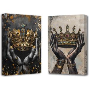 SWQYLB Crown Canvas Wall Art 2 Pieces King and Queen Crown Pictures Prints Abstract Gold Painting Vintage Romantic Artwork for Couple Room Decor (Black, 24.00" x 36.00" x 2PCS)