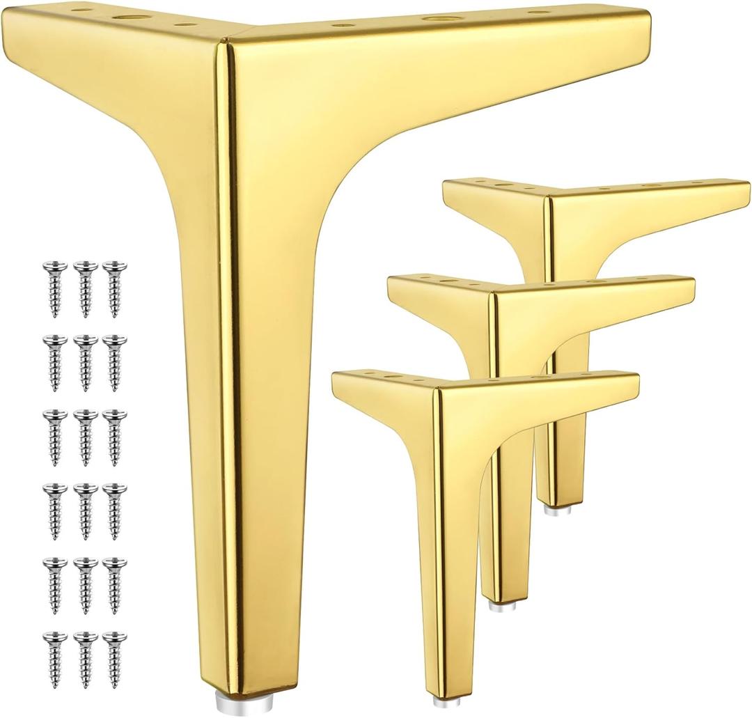 4 Pcs 7 Inch Metal Furniture Legs, Modern Style Furniture Sofa Legs Metal Polished Gold Triangle Feet for Table Cupboard Sofa Couch Chair DIY Replacement Feet - with Rubber Floor Protectors