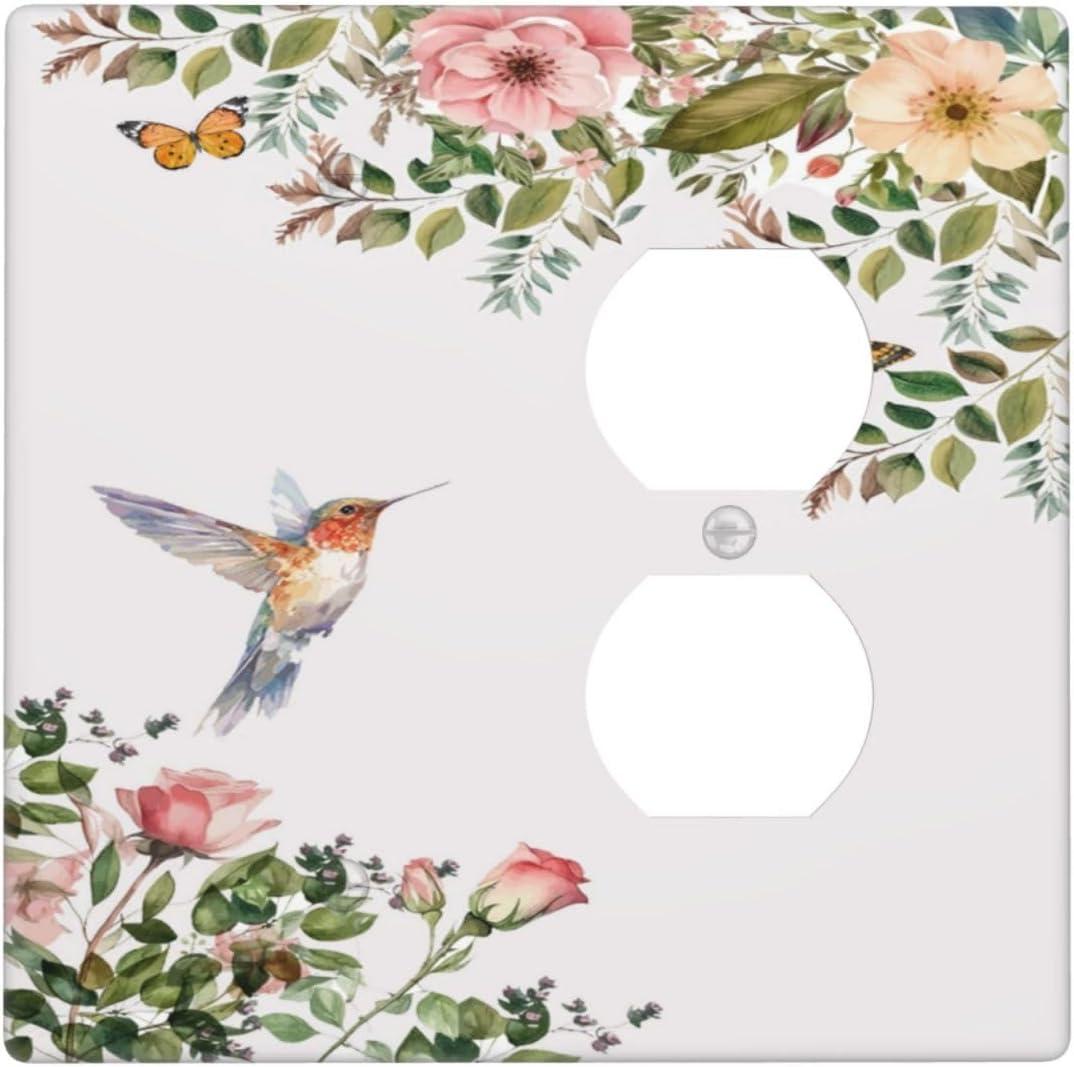 Bird Floral Green Leaves Hummingbird 2 Gang Blank Duplex Light Switch Plates Outlet Covers Decorative Electrical Wall Plate Receptacle Switchplate Decorate Plug Cover For Bathroom 4.6 * 4.5 Inch