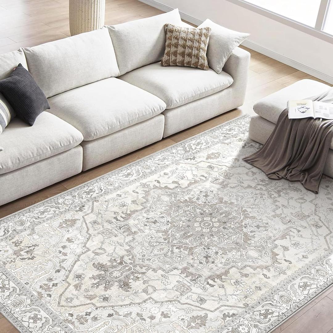 Boho Area Rug 6x9 Large Rug for Living Room Bedroom Office Kitchen Entrance Dining Room Non Slip Soft Low-Pile Vintage Rug Bohemian Washable Large Rugs for Bedroom, Beige (6'x9')