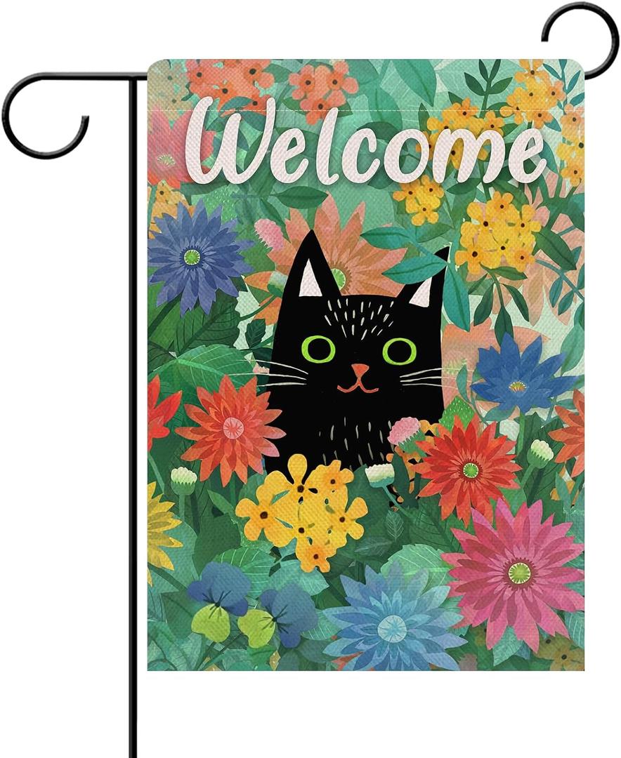 Dyrenson Welcome Spring Black Cat Decorative Garden Flag, Kitty House Yard Lawn Daisy Pansy Red Blue Flower Floral Outside Decoration, Summer Seasonal Farmhouse Outdoor Small Burlap Porch Decor 12x18