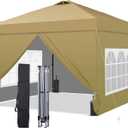 GDY 10x10 Pop Up Canopy Tent with 4 Sidewalls, Easy Set up, Outdoor Silver Coated Beach Gazebos, Carpas with 4 Sandbags, for Pool, Events, Parties, and Camping, Brown.