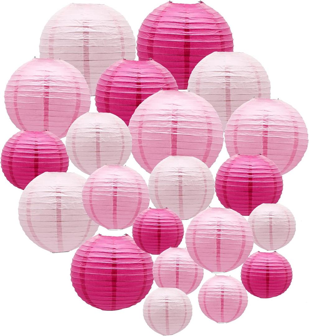 Pink Paper Lanterns Decorative, Hanging Round Paper Lanterns Indoor Outdoor for Valentines Day Decorations Graduation Wedding Birthday Baby Showers Tea Party Decorations, 21pcs