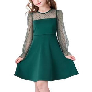 Girl's Contrast Mesh Puff Long Sleeve High Waist A Line Green,5-6 Years