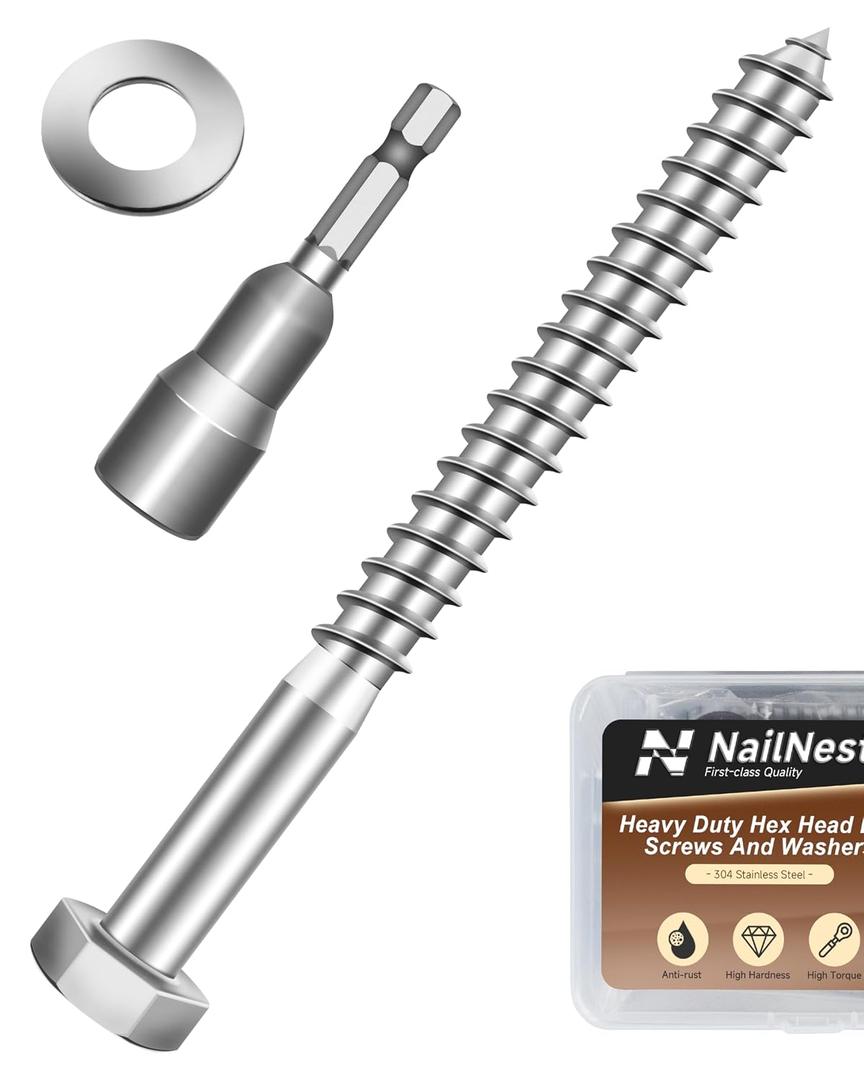 (1Box) 3/8" x 4" Hex Head Lag Screws Bolts with Flat Washers, 8Sets 304 Stainless Steel 18-8 Heavy Duty 3/8 Lag Bolts for Wood with Hex Socket