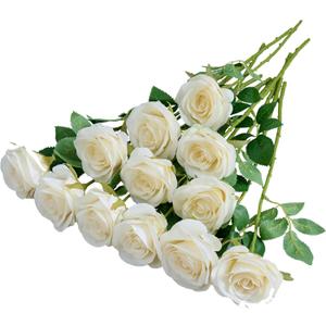 12pcs Ivory Roses Artificial Flowers Silk Flowers Fake Roses with Long Stems for Wedding Decor Home Decor Baby Shower Party Centerpieces Decorations