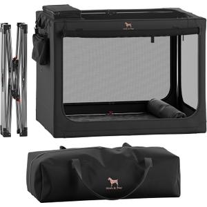 Noah & Paw Collapsible Dog Crate 30 Inches, Large Dog Crate for Large Medium Breeds, Travel Kennel for Car, Including Pet Mat for Pet Cage, 2 Storage Pockets, Handbag, 10mm Locking Zipper 30*21*21 (Black)
