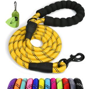 Taglory Rope Dog Leash 6 FT with Comfortable Padded Handle, Highly Reflective Threads Leash for Medium Large Dogs, 1/2 inch, Yellow (1/2" x 6 FT (20~120 lbs.))