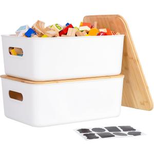Citylife Storage Bins with Bamboo Lids 16QT Plastic Storage Containers Stackable Organizer Boxes with Handle for Desk Snacks, Toys, 2 PCS, 15" L x 10.6" W x5.8 H, Cream White