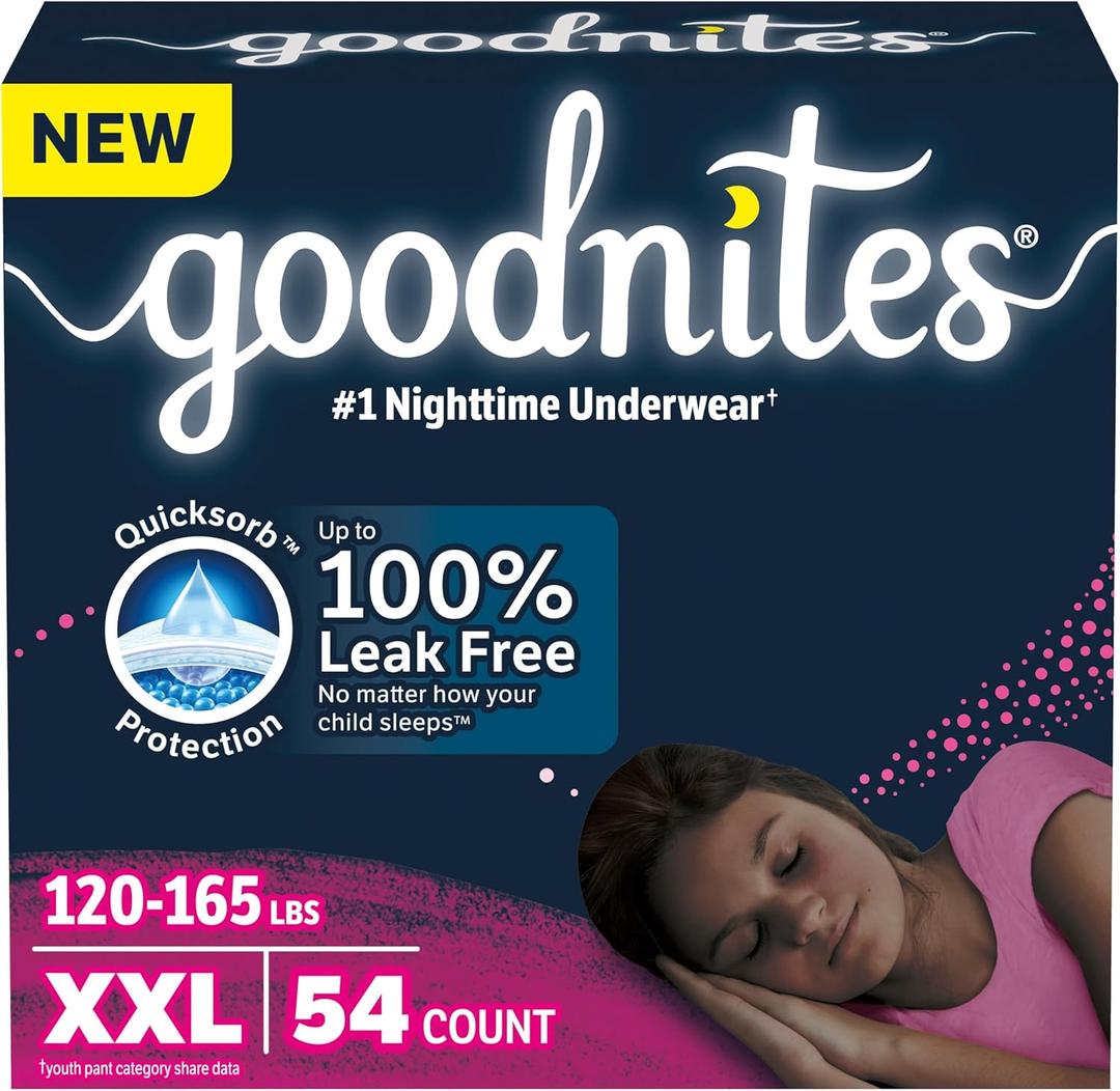 Goodnites Girls' Nighttime Underwear, Size XXL (120-165 lbs), 54 Ct (3 pack of 18), Packaging May Vary