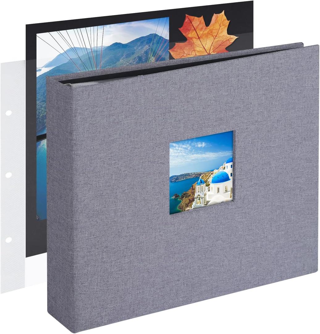 8x8 DIY Small 3 Ring Scrapbook Photo Album Journal with 30 Plastic Sleeves 60 Pages and Fabric Cover for Baby Travel Wedding Couple Anniversary Kids Adventure(Gray Cover/Black Pages)