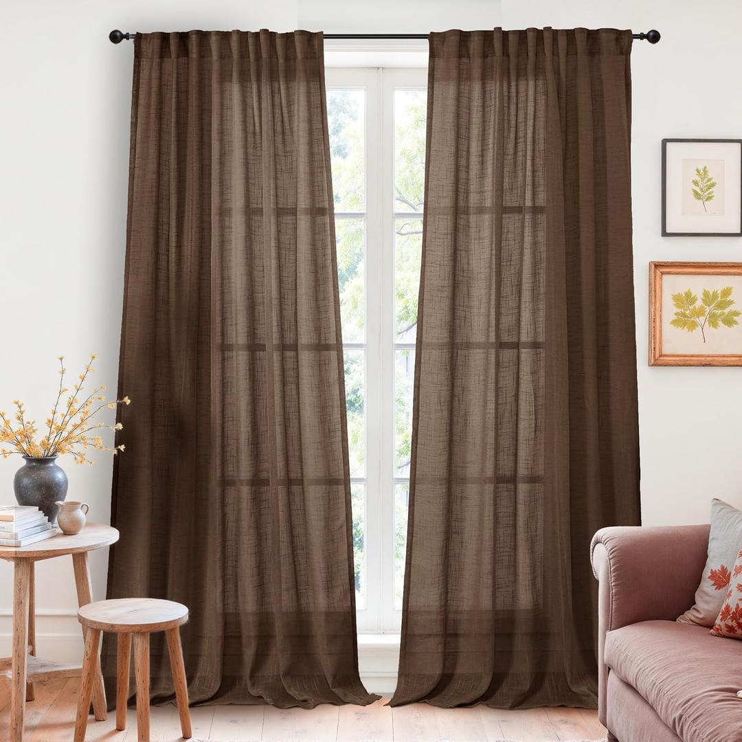 YoungsTex Brown Linen Curtains 84 Inches Long for Living Room - Chocolate Semi Sheer Drapes Light Filtering with Rod Pocket Back Tab for Bedroom, 2 Panels, 52 X 84 Inch
