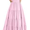 PRETTYGARDEN Women's Casual Summer Midi Dress Puffy Short Sleeve Square Neck Smocked Tiered Ruffle Dresses (Pink, Medium)