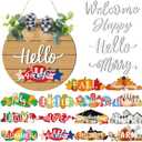 20 Pieces Interchangeable Welcome Sign for All Seasons Seasonal Front Door Decor with 4 Pcs Sign and 15 Pcs Changeable Icons Farmhouse Front Porch Rustic Holiday Wooden Door Decor(Brown)