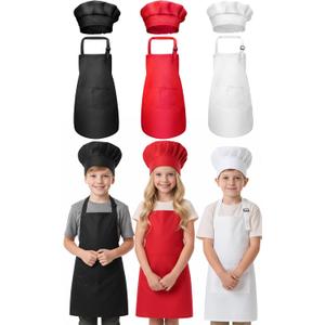 CHENGU 3 Set Kids Apron and Chef Hat Set Children Apron Adjustable with 2 Pockets for Toddler Cooking Baking Painting Art Boys Girls Kitchen, White, Red, Black, Large, 6-12 Years(Large,Color 1)