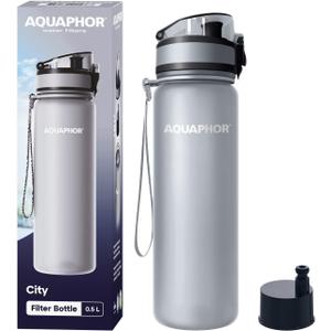 AQUAPHOR City Water Filter Bottle 500 ml | Portable Filtered Water Bottle with Integrated Water Purifier | BPA-Free | Reusable Bottle with Water Filter for Camping, Travel & Outdoor Use | Grey (16.9 Ounces)