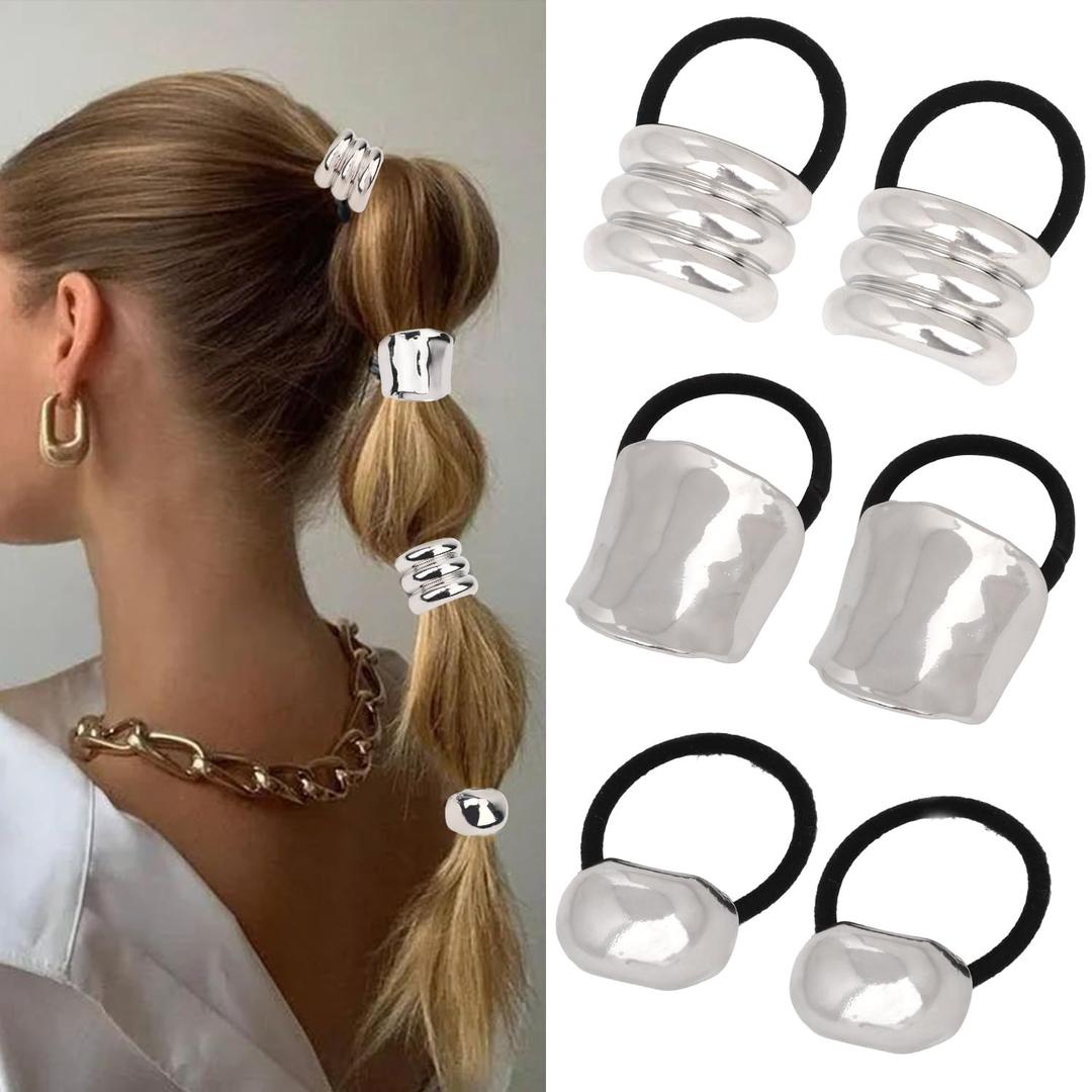 WHAVEL 6 Pcs Silver Hair Ties Metal Hair Ties for Thick Hair Hair Cuff Non-Damage Ponytail Holders Silver Hairs Accessories for Women
