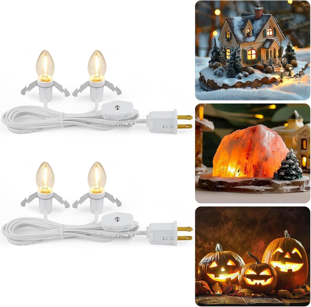 Brightown Accessory Cord with 2 LED Light Bulbs - UL Listed 5 Feet Christmas Village Cords, Rotary Switch, Fused Plug for Crafts, Halloween Pumpkin, Holiday Ornaments, White Cord, Warm White, 2 Pack